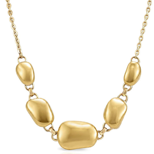 A gold necklace featuring five smooth, polished stone-like beads connected by small rings on a delicate gold chain, shown against a white background with a soft reflection.