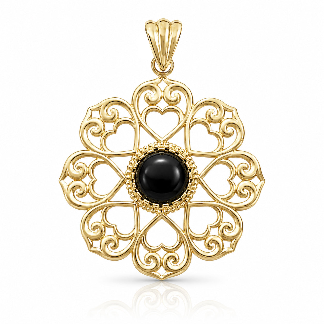 Elegant Gold Heart Filigree Pendant with Black Onyx – Handcrafted Artisan Necklace