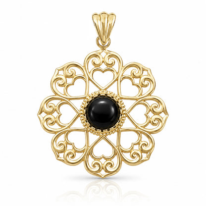 Elegant Gold Heart Filigree Pendant with Black Onyx – Handcrafted Artisan Necklace