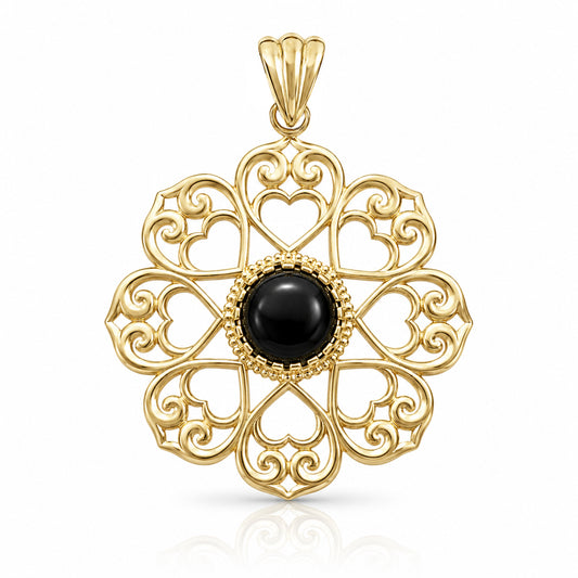 Elegant Gold Heart Filigree Pendant with Black Onyx – Handcrafted Artisan Necklace