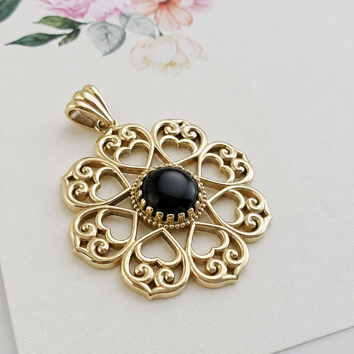 Elegant Gold Heart Filigree Pendant with Black Onyx – Handcrafted Artisan Necklace