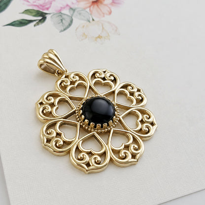 Elegant Gold Heart Filigree Pendant with Black Onyx – Handcrafted Artisan Necklace