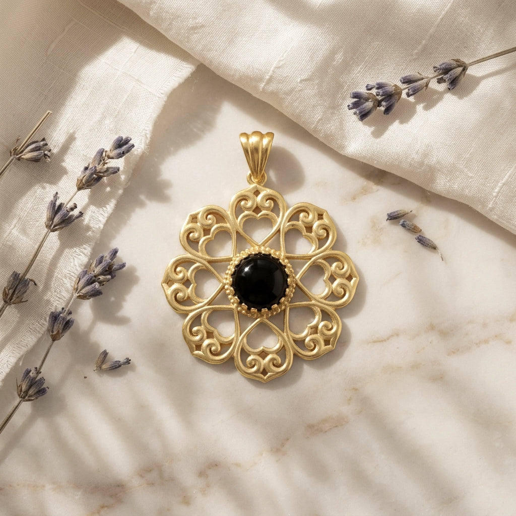 Elegant Gold Heart Filigree Pendant with Black Onyx – Handcrafted Artisan Necklace