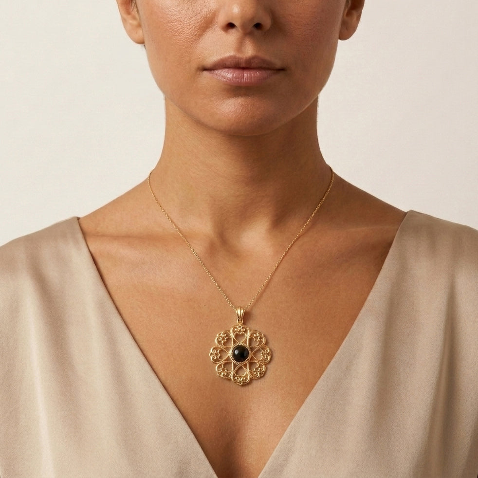 Elegant Gold Heart Filigree Pendant with Black Onyx – Handcrafted Artisan Necklace