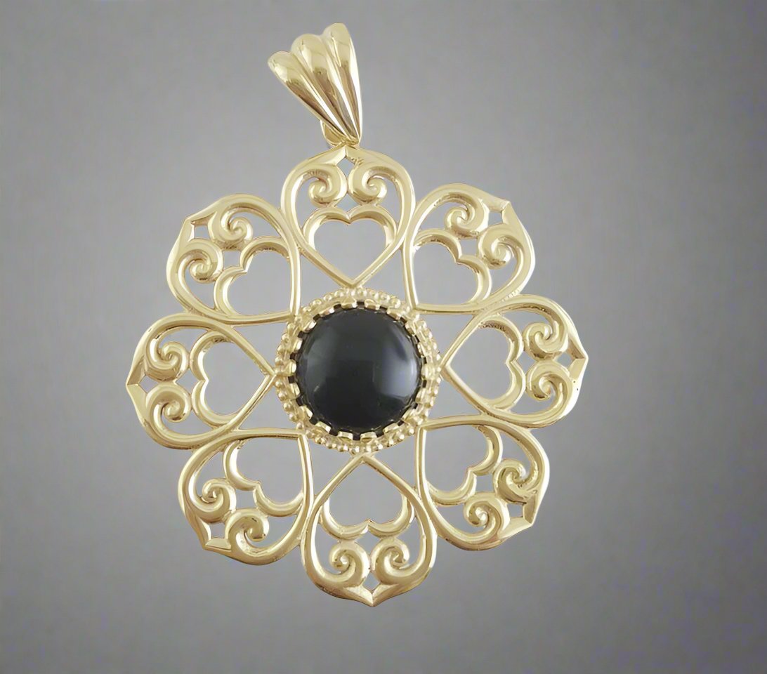 Elegant Gold Heart Filigree Pendant with Black Onyx – Handcrafted Artisan Necklace