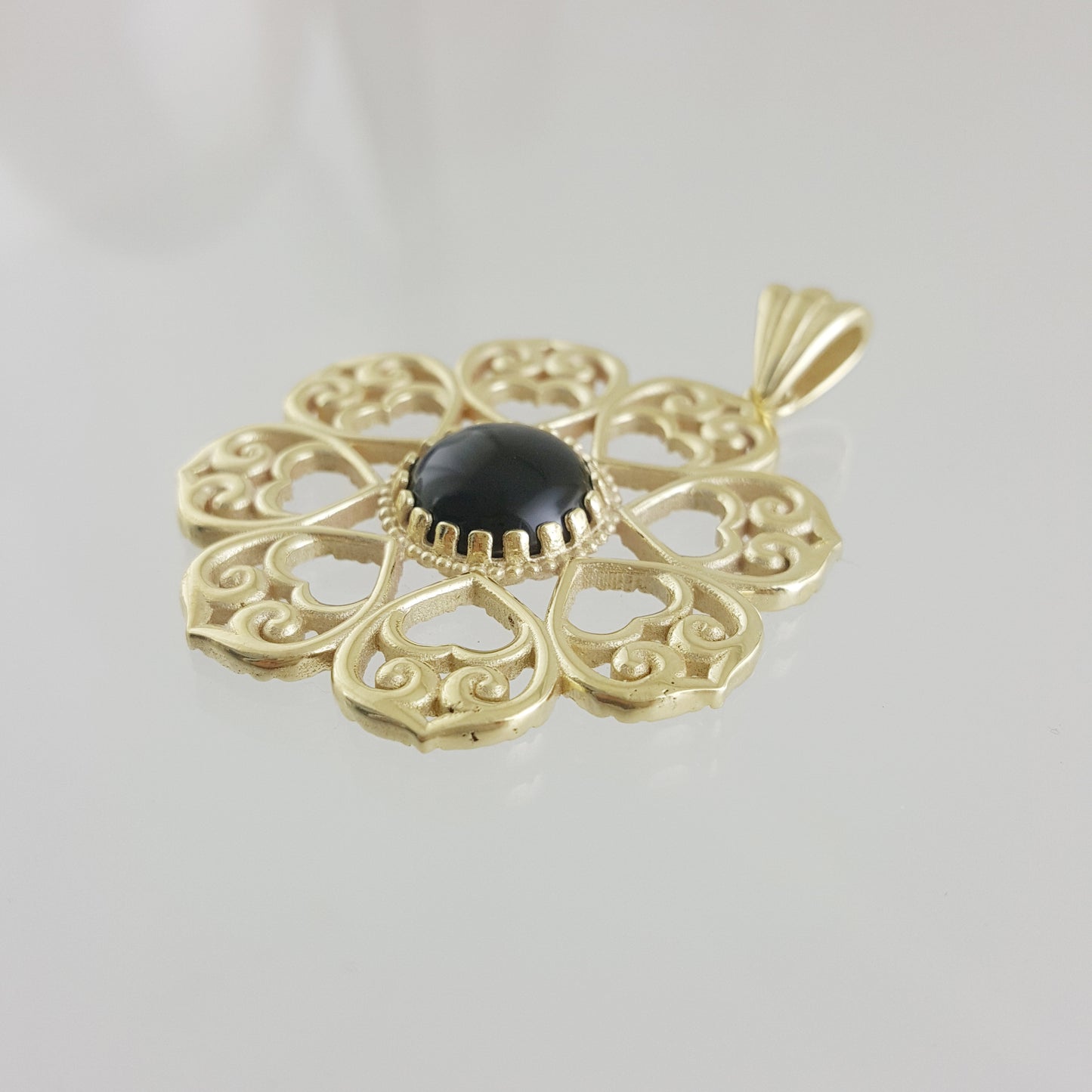 Elegant Gold Heart Filigree Pendant with Black Onyx – Handcrafted Artisan Necklace