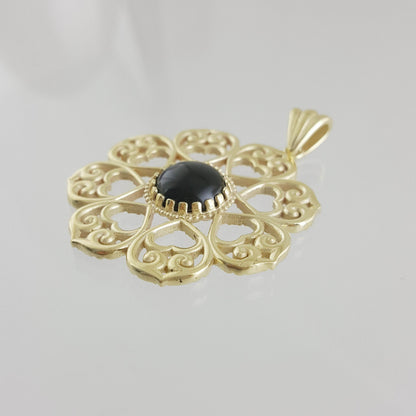Elegant Gold Heart Filigree Pendant with Black Onyx – Handcrafted Artisan Necklace - TurkishBling