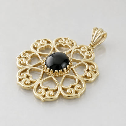Elegant Gold Heart Filigree Pendant with Black Onyx – Handcrafted Artisan Necklace