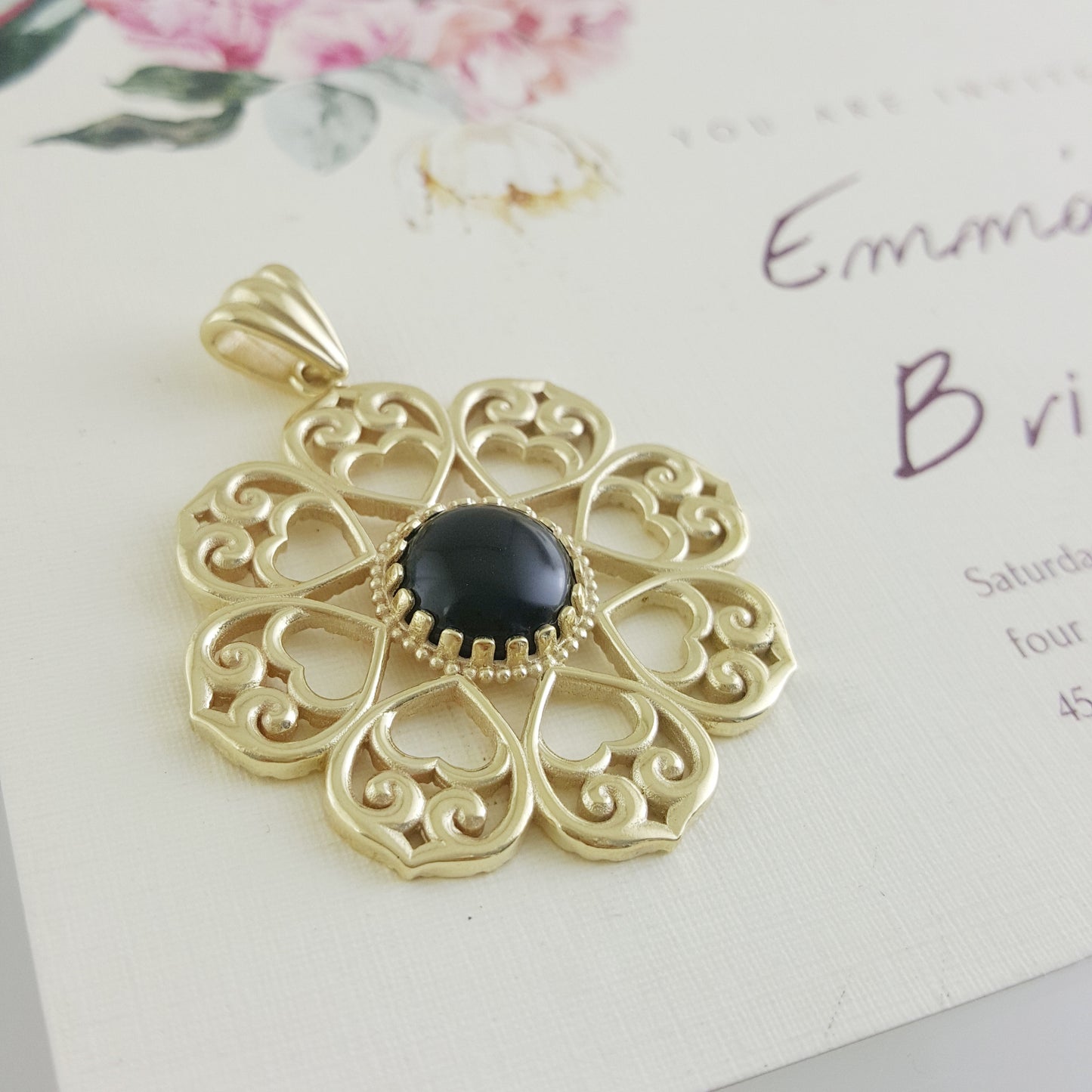 Elegant Gold Heart Filigree Pendant with Black Onyx – Handcrafted Artisan Necklace