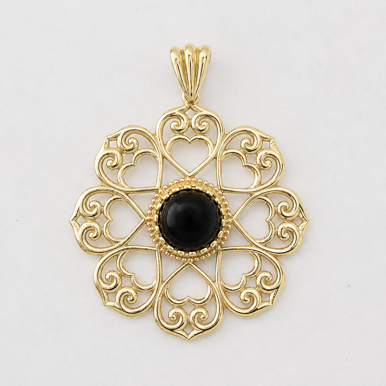 Elegant Gold Heart Filigree Pendant with Black Onyx – Handcrafted Artisan Necklace