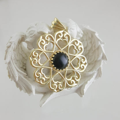 Elegant Gold Heart Filigree Pendant with Black Onyx – Handcrafted Artisan Necklace - TurkishBling