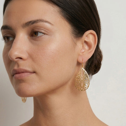 Teardrop Openwork Drop Earrings Gold Finish Turkish Jewelry