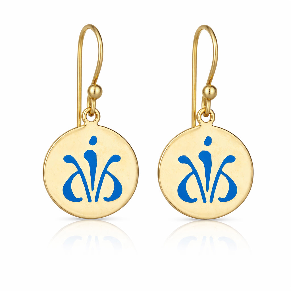 Blue Enamel Round Disc Drop Earrings