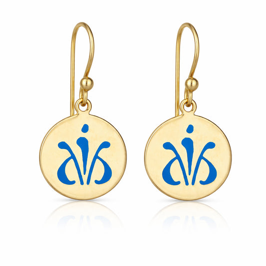 Blue Enamel Round Disc Drop Earrings