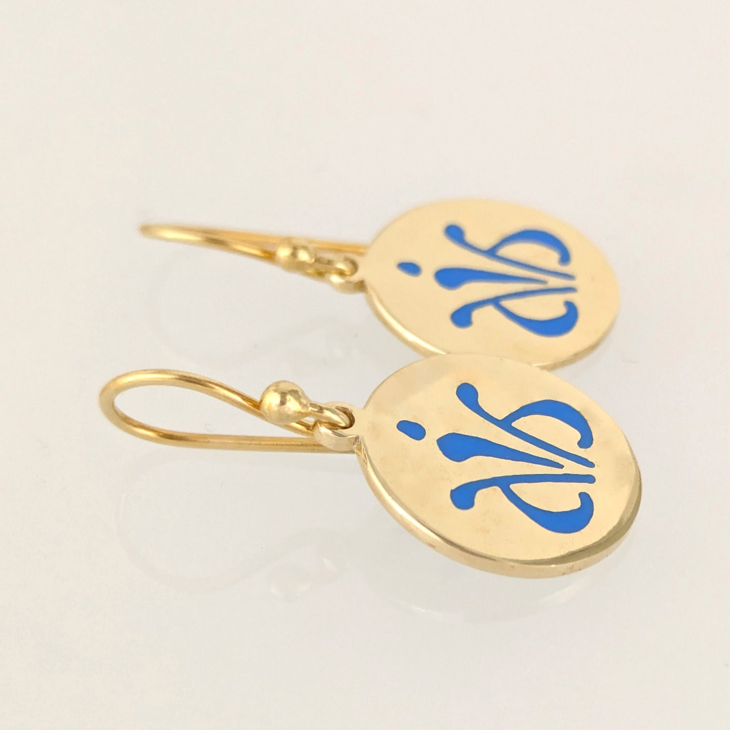 Blue Enamel Round Disc Drop Earrings
