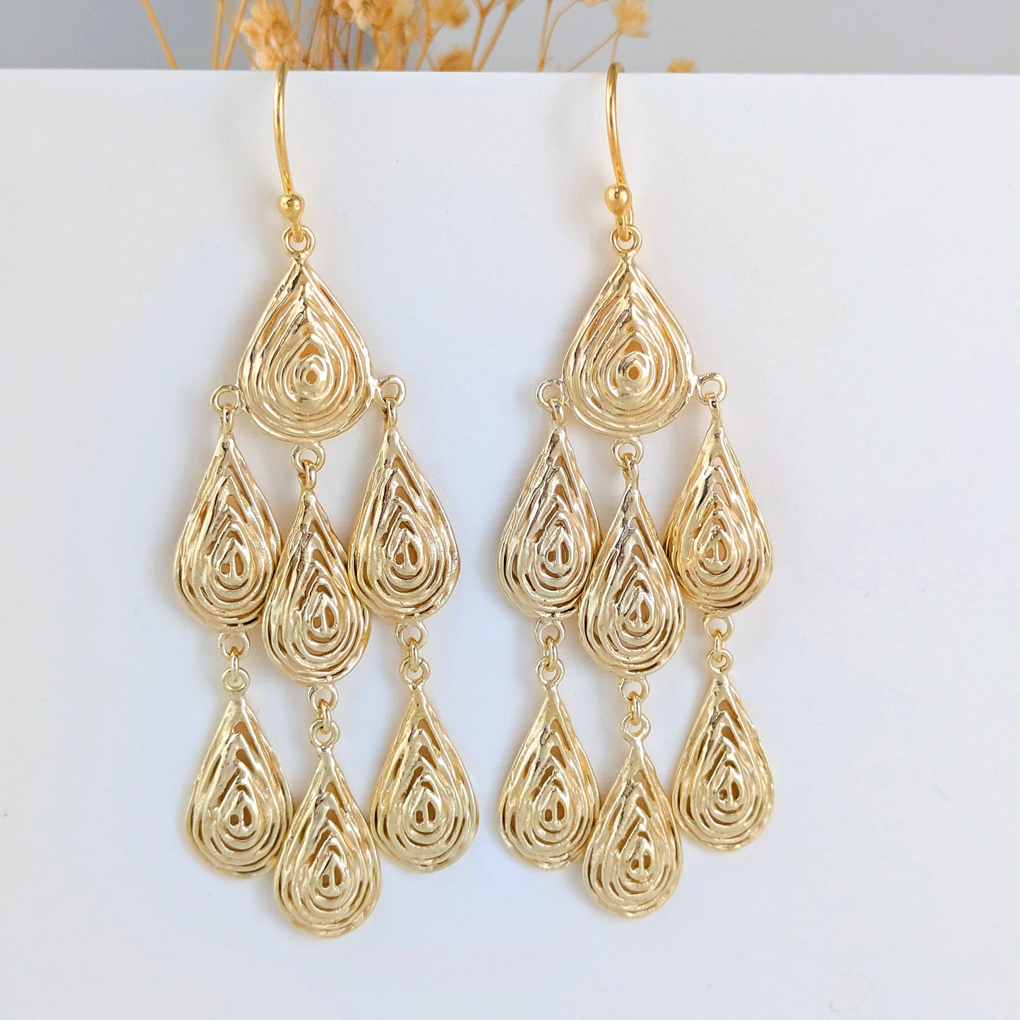 18K Gold Plated 2.75" Textured Dangle Earrings