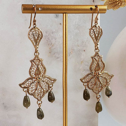 Ornate Filigree Dangle Earrings with Gemstone Drops - TurkishBling