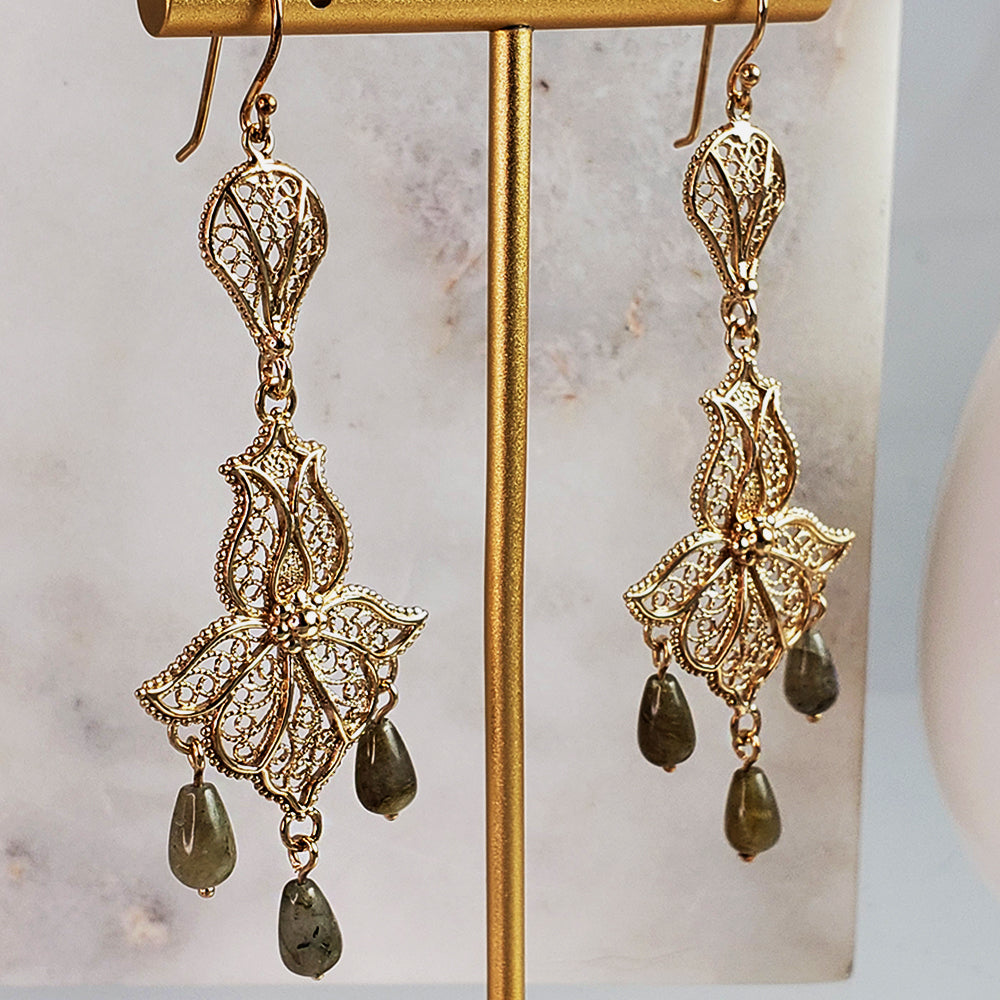 18K Gold Plated 3" Gemstone Drop Tulip Dangle Earrings