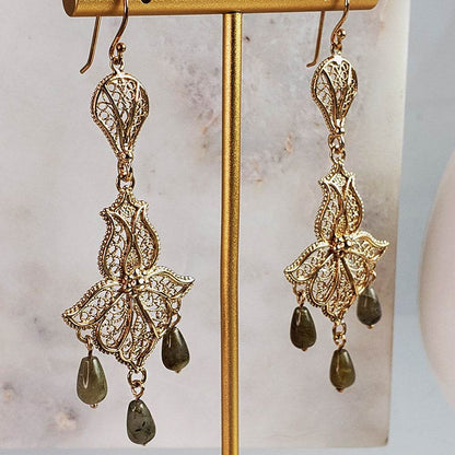 Ornate Filigree Dangle Earrings with Gemstone Drops - TurkishBling