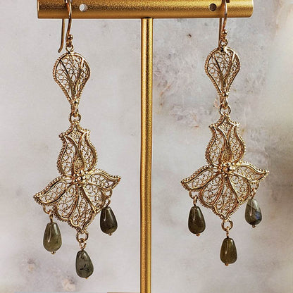 Ornate Filigree Dangle Earrings with Gemstone Drops - TurkishBling