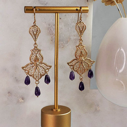 Ornate Filigree Dangle Earrings with Gemstone Drops - TurkishBling