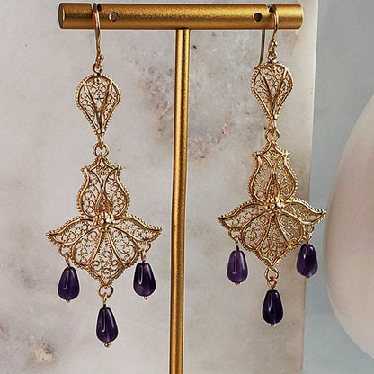 Ornate Filigree Dangle Earrings with Gemstone Drops - TurkishBling