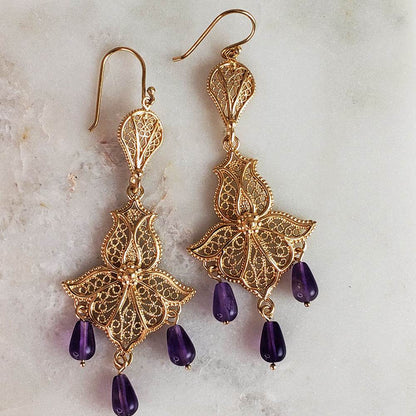 Ornate Filigree Dangle Earrings with Gemstone Drops - TurkishBling