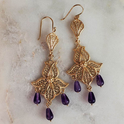 Ornate Filigree Dangle Earrings with Gemstone Drops - TurkishBling