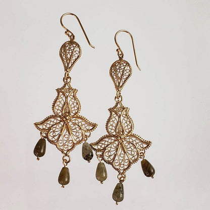 Ornate Filigree Dangle Earrings with Gemstone Drops - TurkishBling