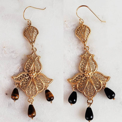 Ornate Filigree Dangle Earrings with Gemstone Drops - TurkishBling