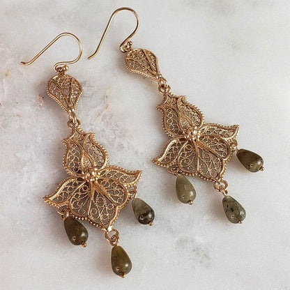 Ornate Filigree Dangle Earrings with Gemstone Drops - TurkishBling