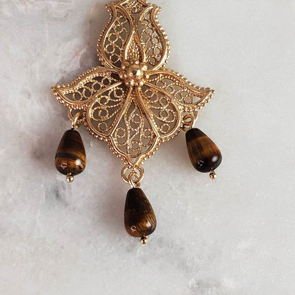 Ornate Filigree Dangle Earrings with Gemstone Drops - TurkishBling
