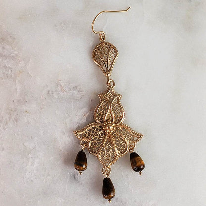 Ornate Filigree Dangle Earrings with Gemstone Drops - TurkishBling