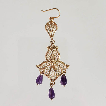 Ornate Filigree Dangle Earrings with Gemstone Drops - TurkishBling