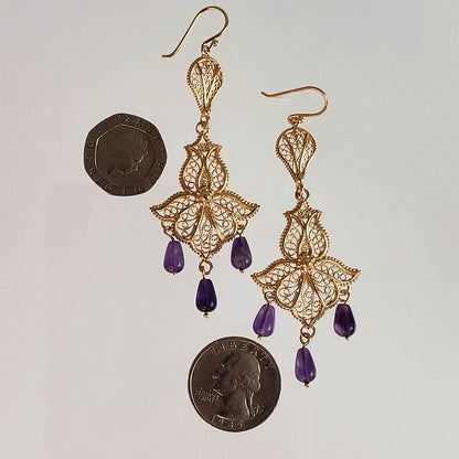 Ornate Filigree Dangle Earrings with Gemstone Drops - TurkishBling