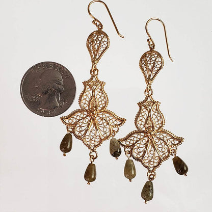 Ornate Filigree Dangle Earrings with Gemstone Drops - TurkishBling