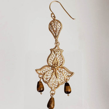 Ornate Filigree Dangle Earrings with Gemstone Drops - TurkishBling