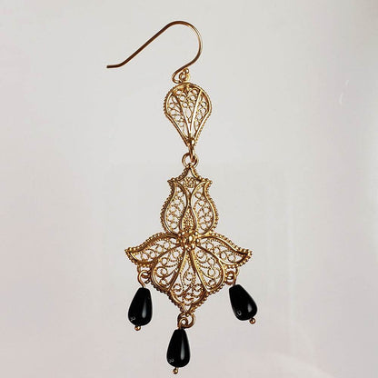 Ornate Filigree Dangle Earrings with Gemstone Drops - TurkishBling