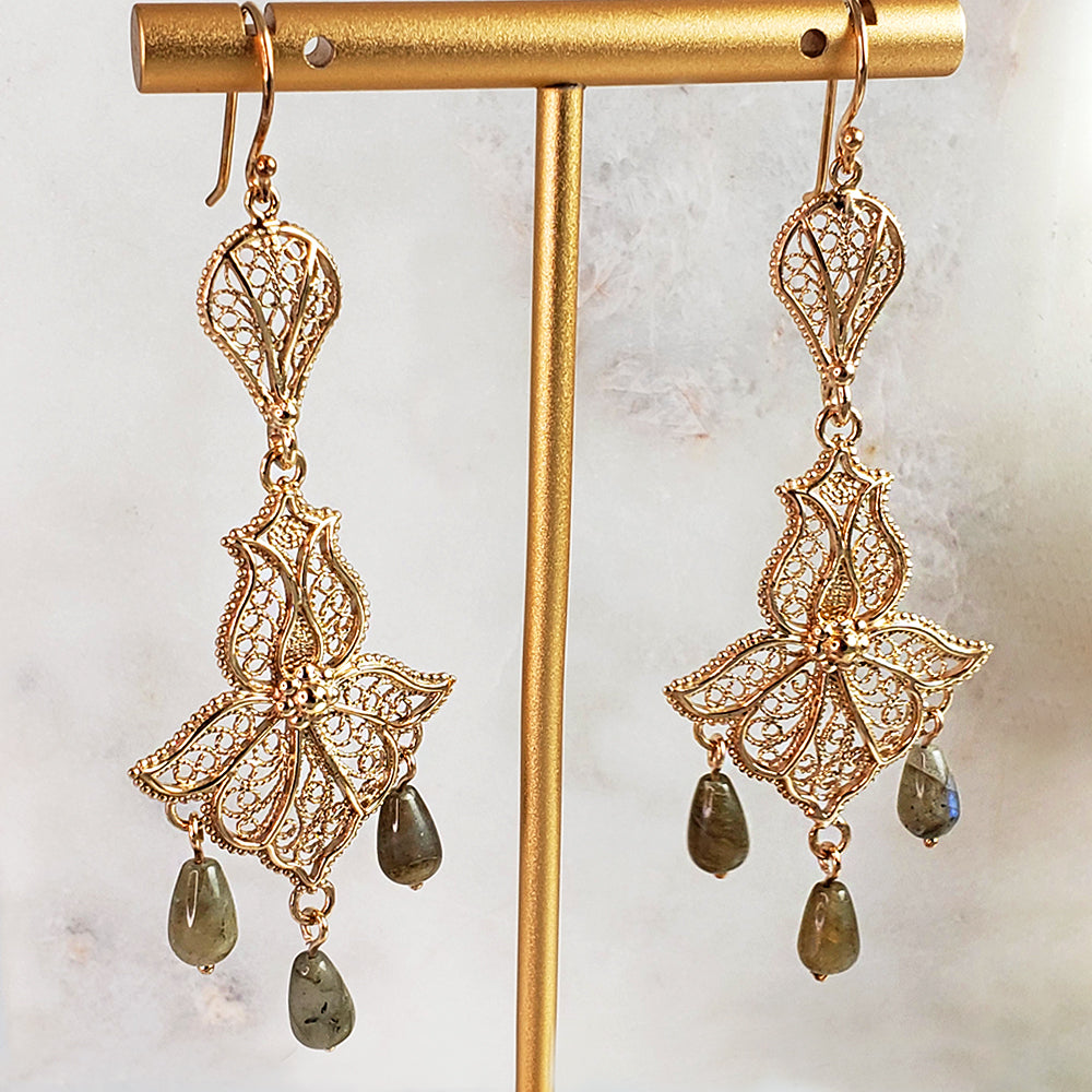 18K Gold Plated 3" Gemstone Drop Tulip Dangle Earrings