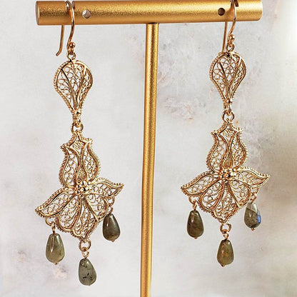 Ornate Filigree Dangle Earrings with Gemstone Drops - TurkishBling