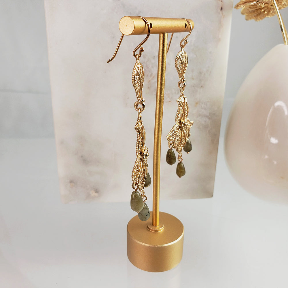 18K Gold Plated 3" Gemstone Drop Tulip Dangle Earrings