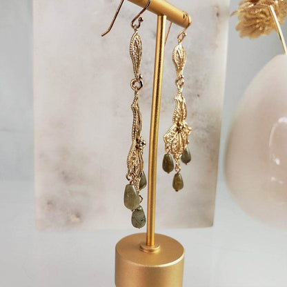 Ornate Filigree Dangle Earrings with Gemstone Drops - TurkishBling