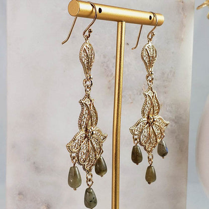 Ornate Filigree Dangle Earrings with Gemstone Drops - TurkishBling