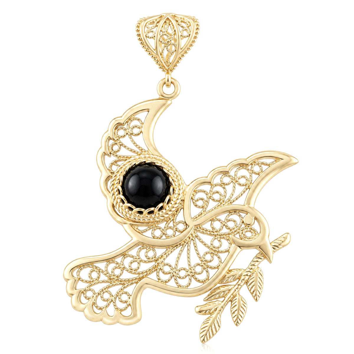 Gold Plated Filigree Bird Pendant with Black Onyx Stone