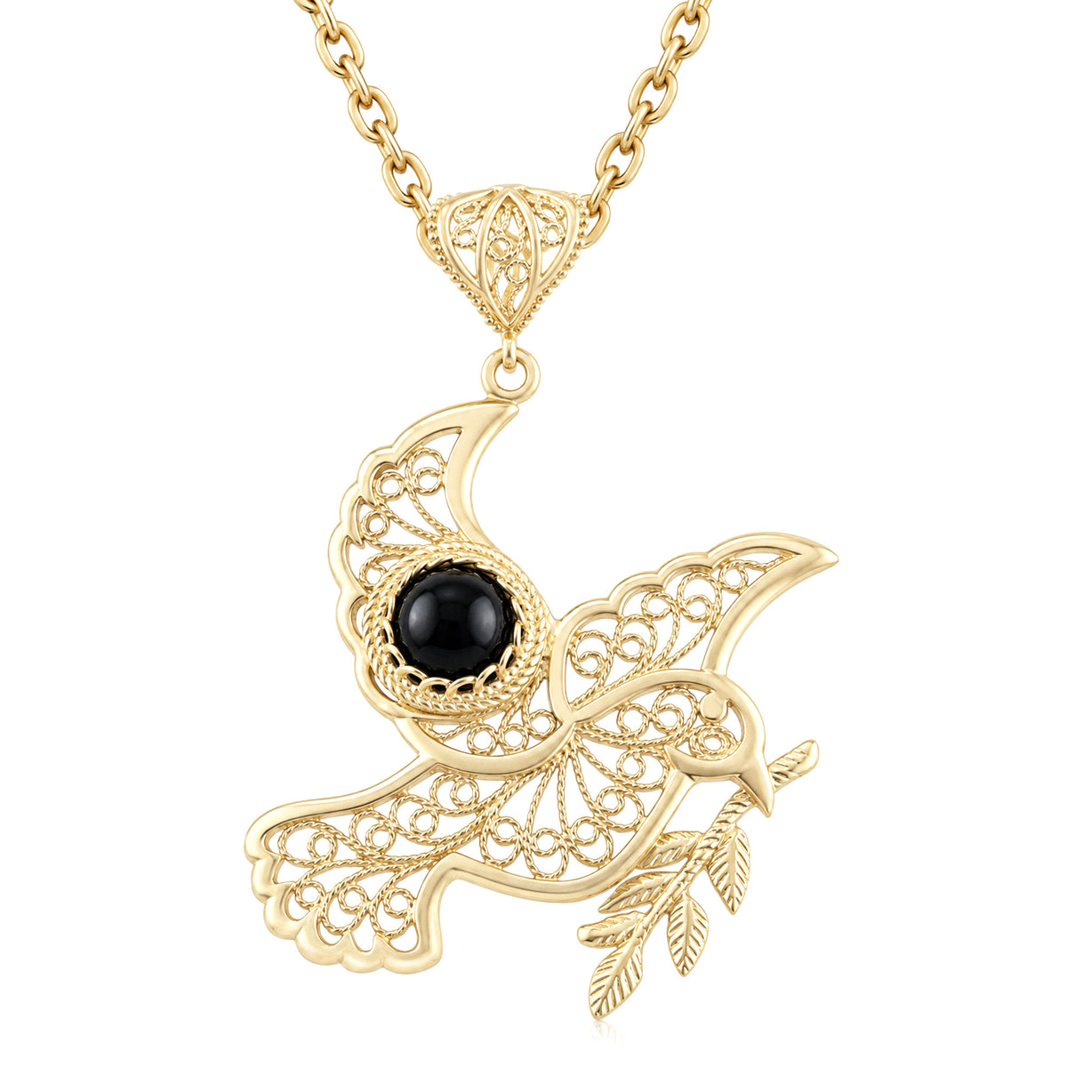 Gold Plated Filigree Bird Pendant with Black Onyx Stone