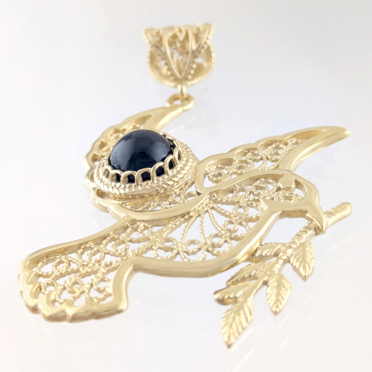 Gold Plated Filigree Bird Pendant with Black Onyx Stone