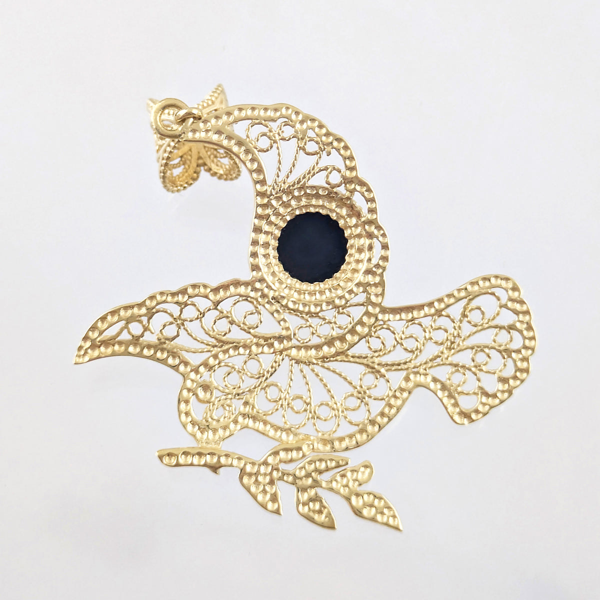 Gold Plated Filigree Bird Pendant with Black Onyx Stone