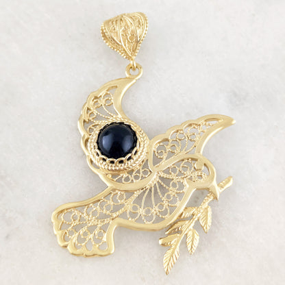 Gold Plated Filigree Bird Pendant with Black Onyx Stone