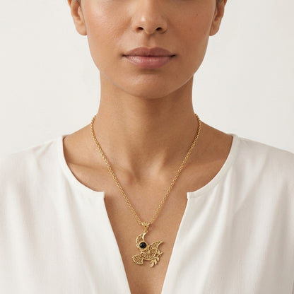 Gold Plated Filigree Bird Pendant with Black Onyx Stone