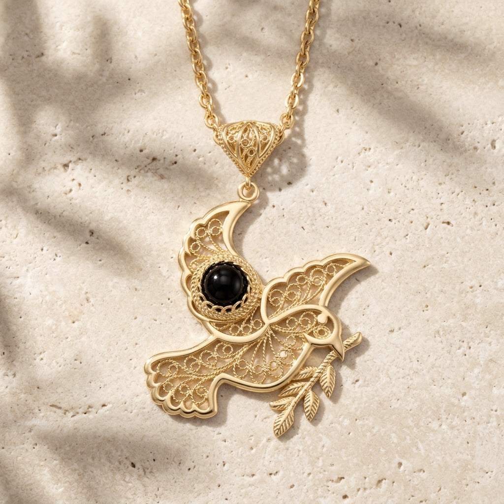 Gold Plated Filigree Bird Pendant with Black Onyx Stone